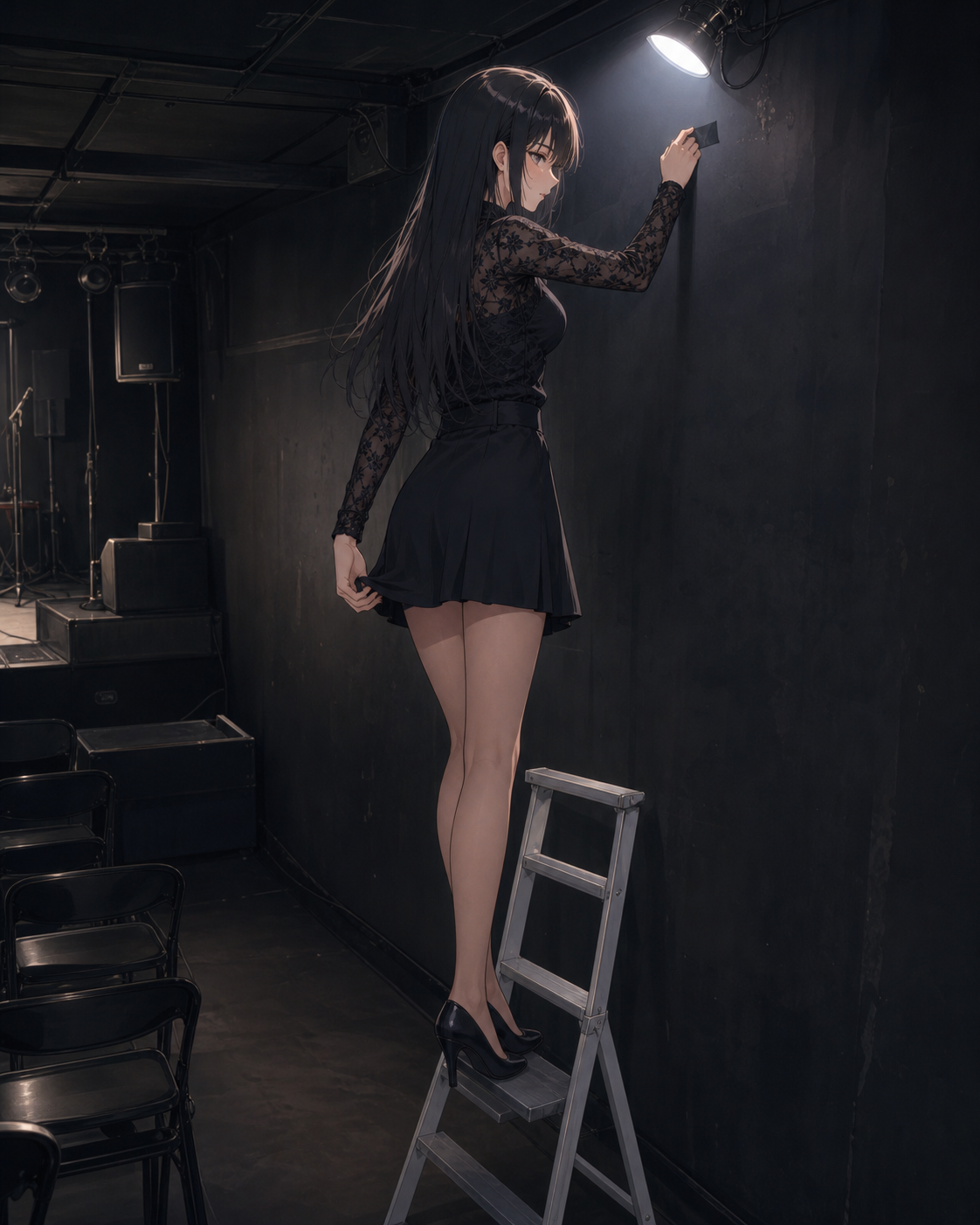 Reina Amamiya reaches toward tape high on the wall from a ladder in a small live-music club.