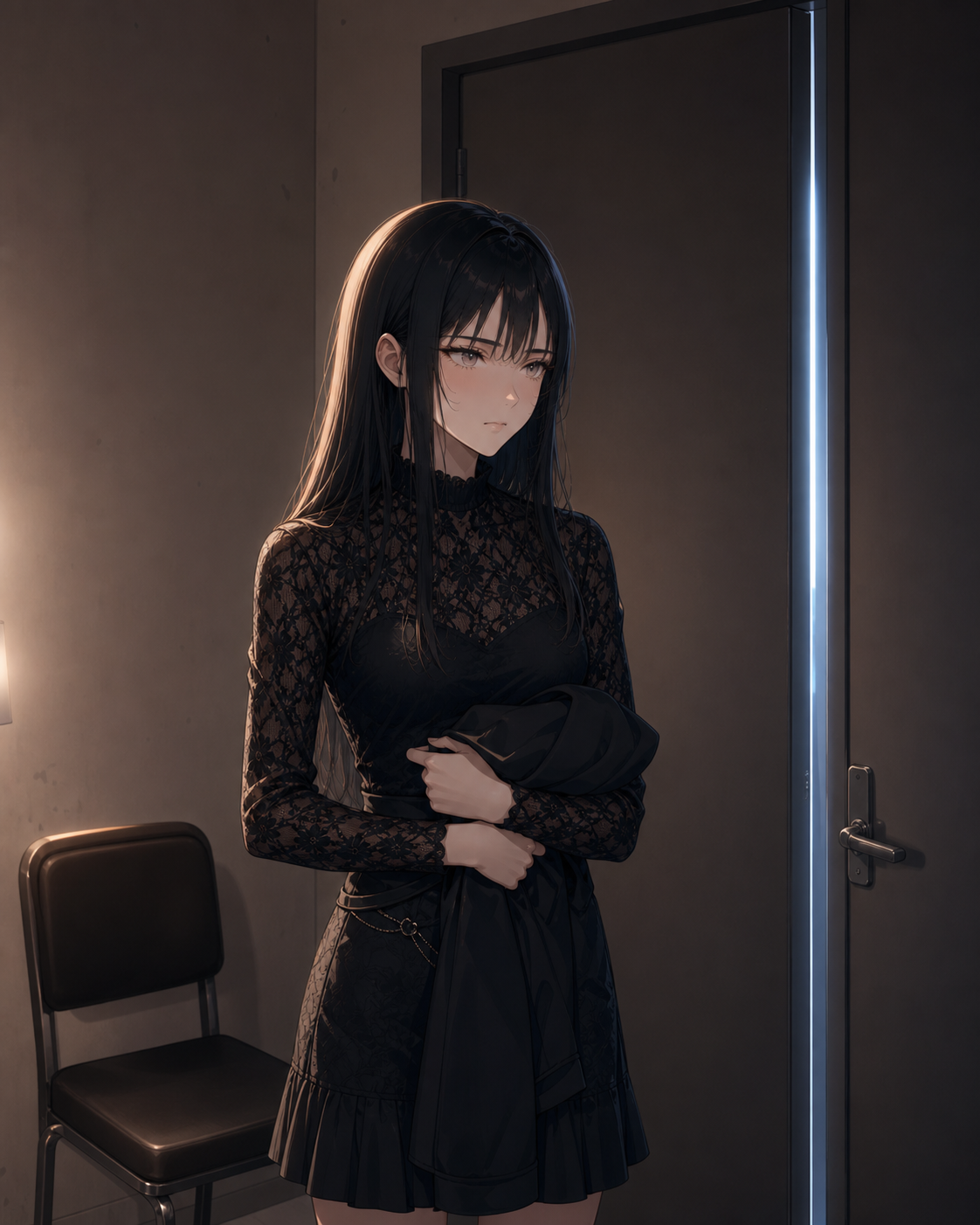 Reina holds her stage outfit while looking at the closed dressing-room door.