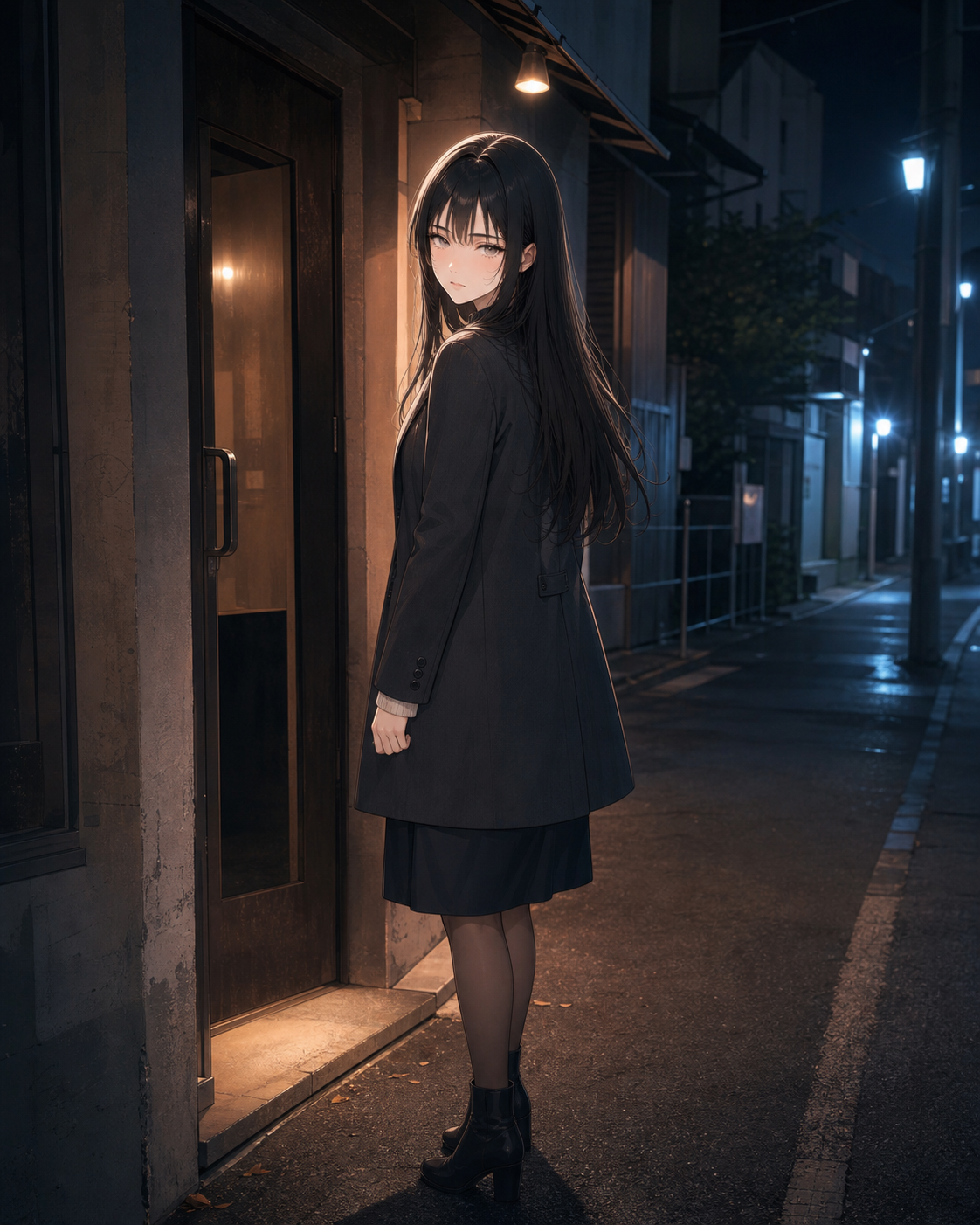 Reina turns back toward the small live-music club at night.
