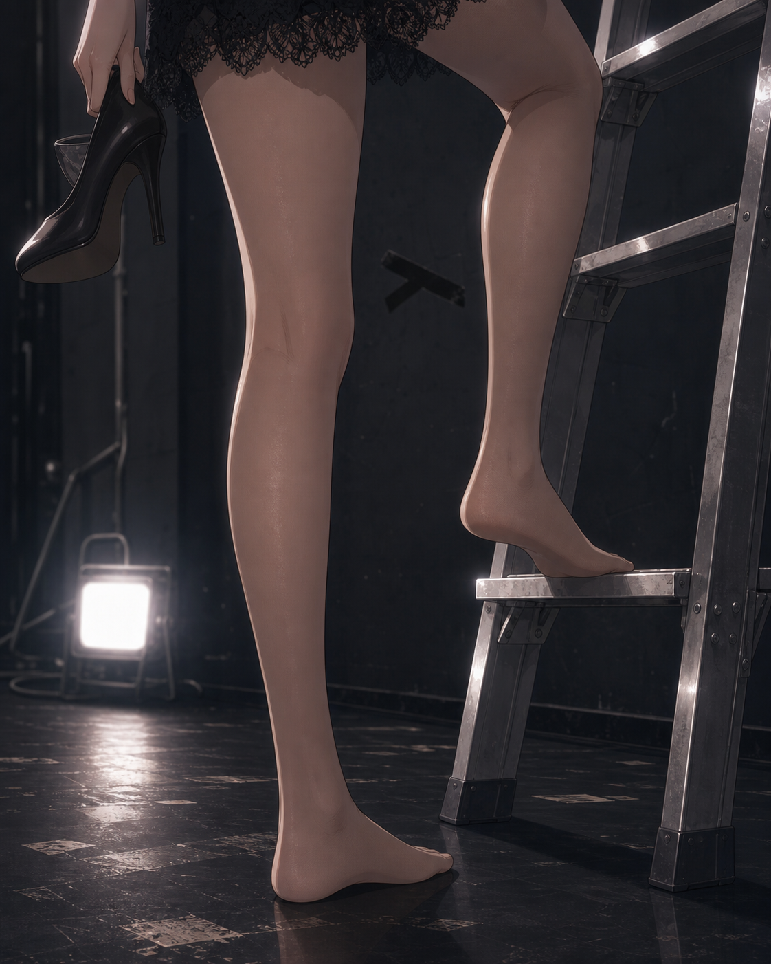 Reina Amamiya holds her heels before climbing a ladder in sheer skin-tone stockings.