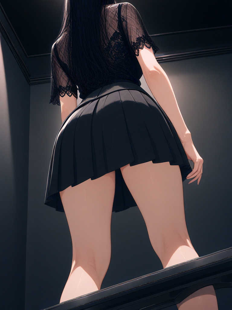 From below, Reina is seen from behind on the ladder after the drummer has left.