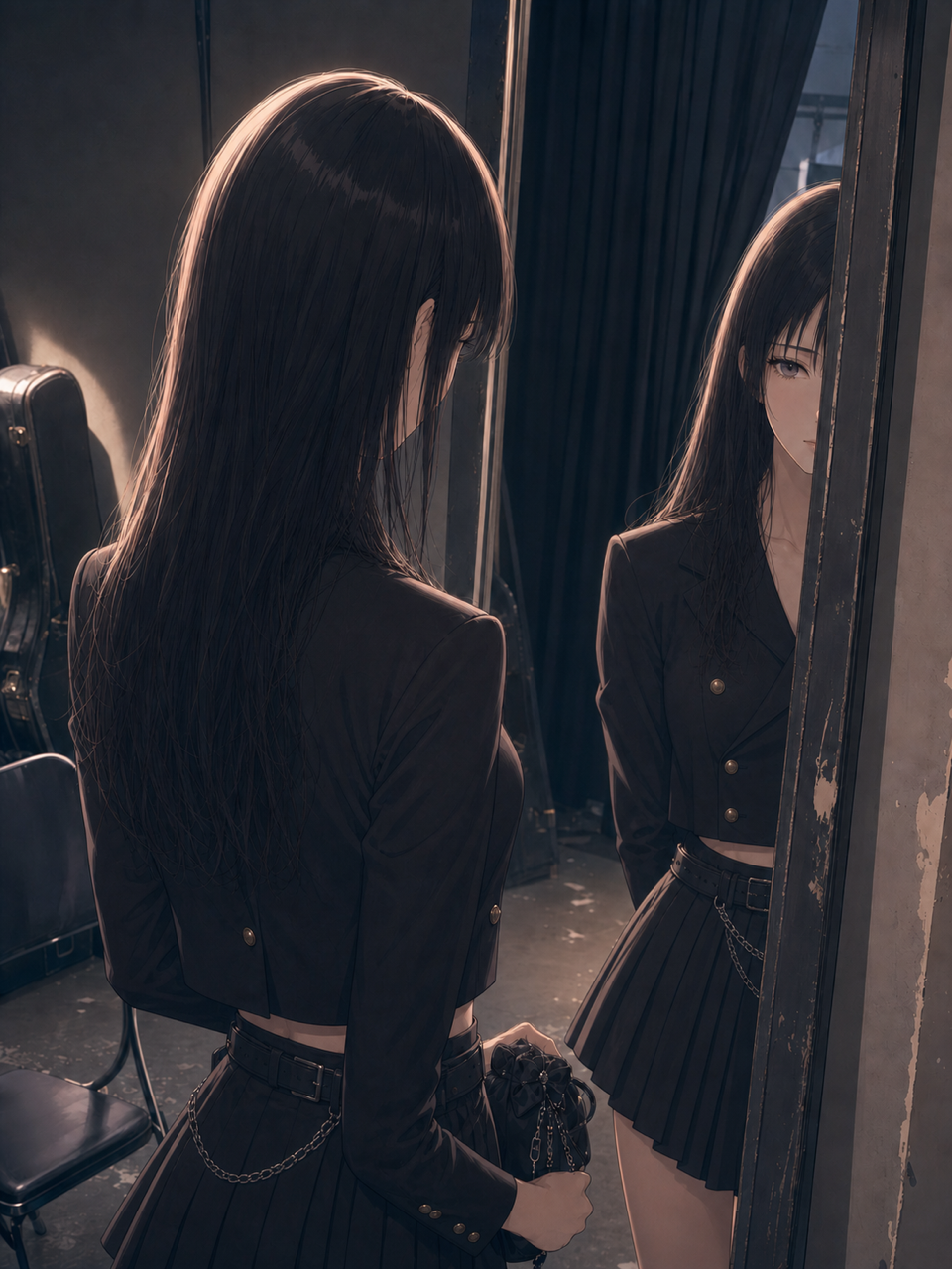 Reina catches a partial view of her own face in the edge of a backstage mirror.