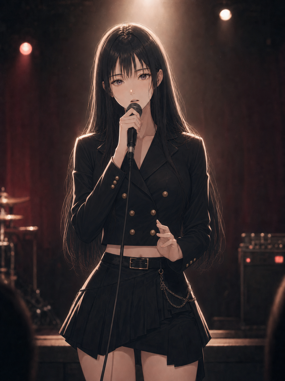 Reina sings into a microphone on the intimate stage of a small live-music club.