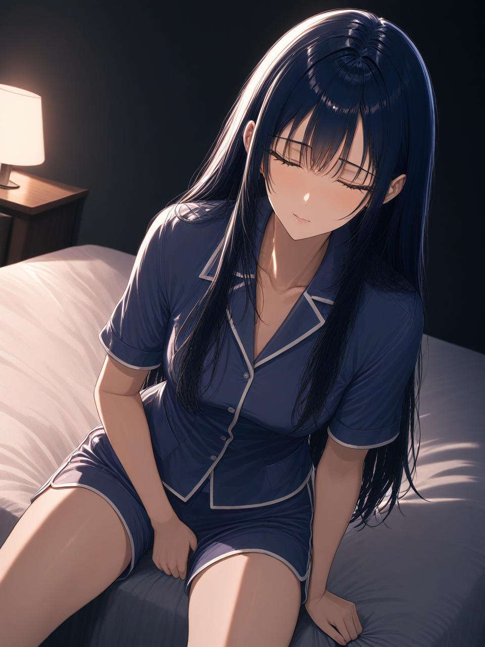 Reina sits alone on her bed at night, eyes closed as she tries to settle herself.