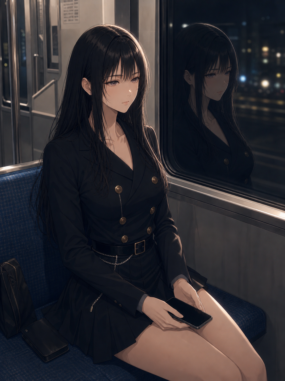 Reina sits beside a dark train window after the show, holding a phone with its screen unreadable.