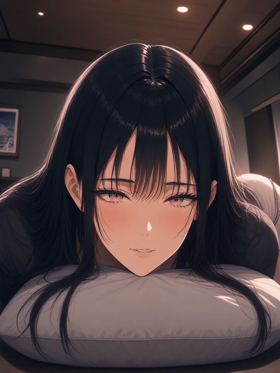 Reina rests against a pillow in the quiet after the night’s unresolved heat.